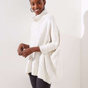 Loft Turtleneck White Peppered Poncho Sweater